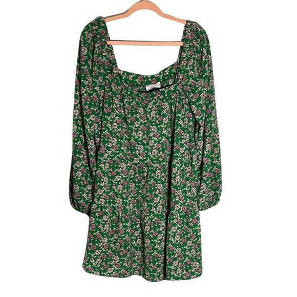ASOS Dresses & Skirts - ASOS Long Sleeve Square Neck Pink Floral Green Dress Size 14
